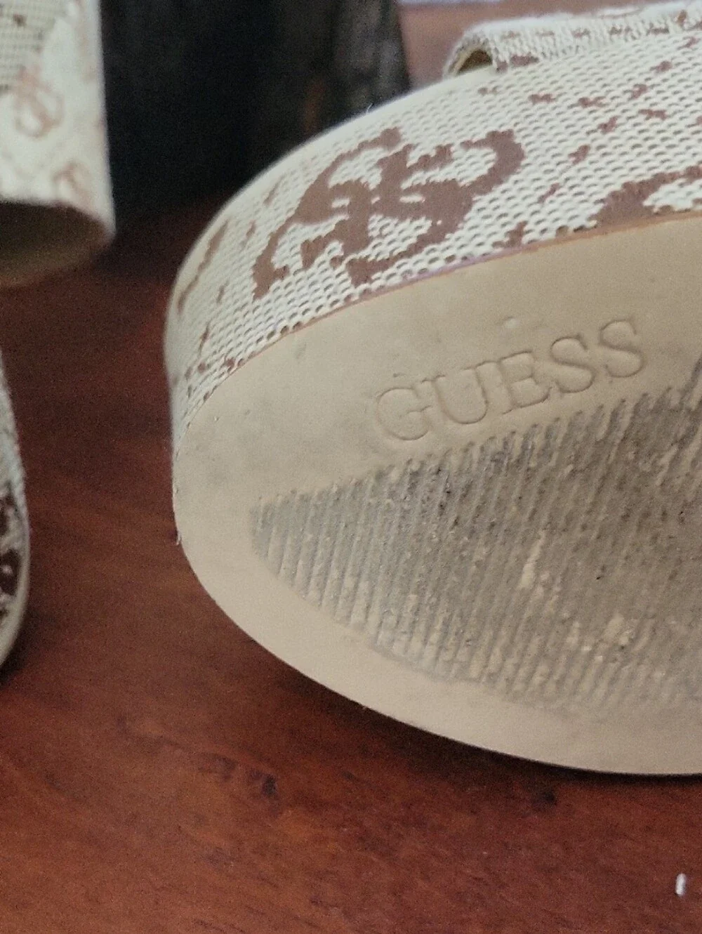 GUESS Yapplea Beige and Brown Logo Platform Mules